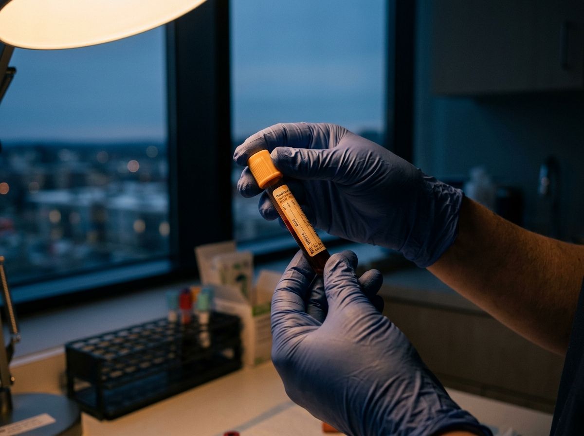 Blood sample vial held under warm lamp light with dusk skyline behind