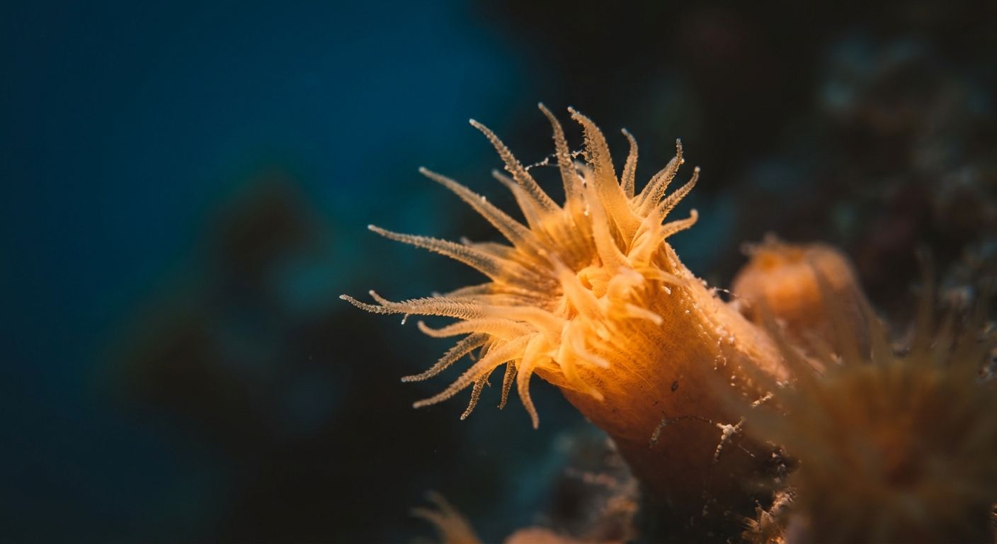 Amber coral polyp in sharp focus against deep blue ocean, a living ecosystem