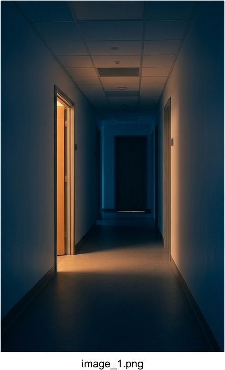 Quiet clinic corridor in the evening with warm light from an open door