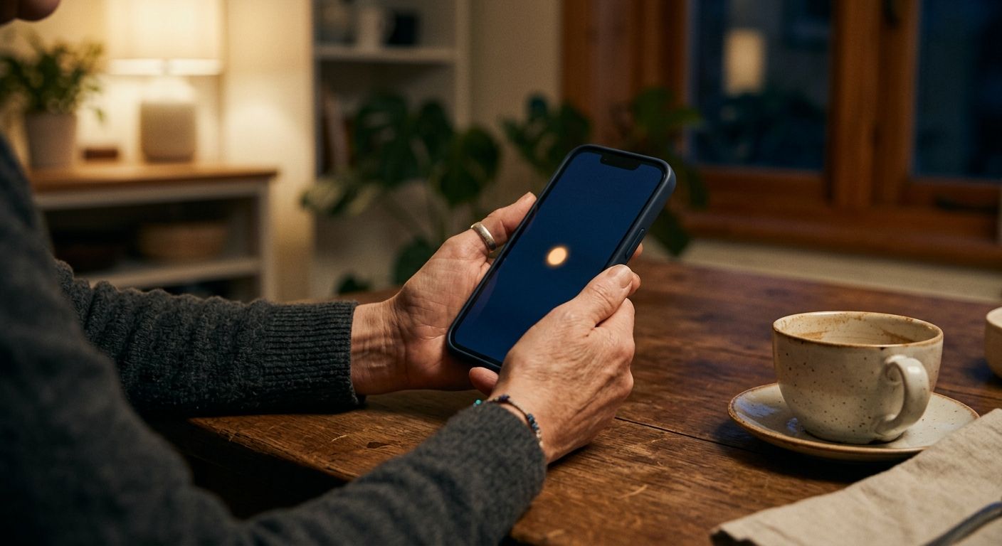 Hands holding a phone showing a single amber signal on a dark screen, at a kitchen table in evening light