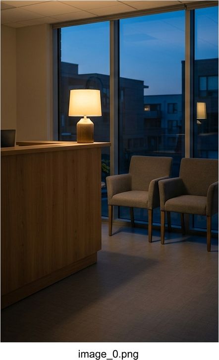 Warm lamp-lit clinic reception at dusk with soft chairs
