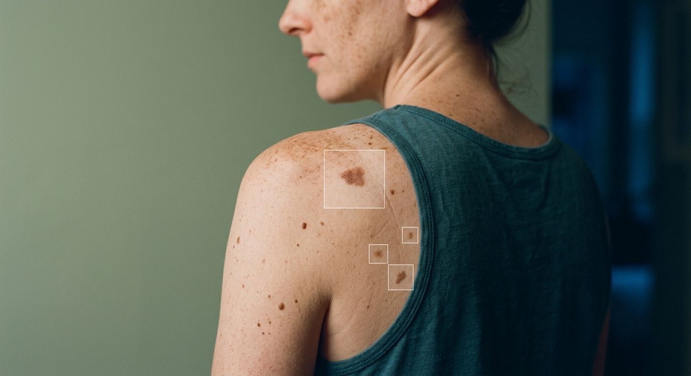 Shoulder and back with natural moles highlighted by AI detection frames